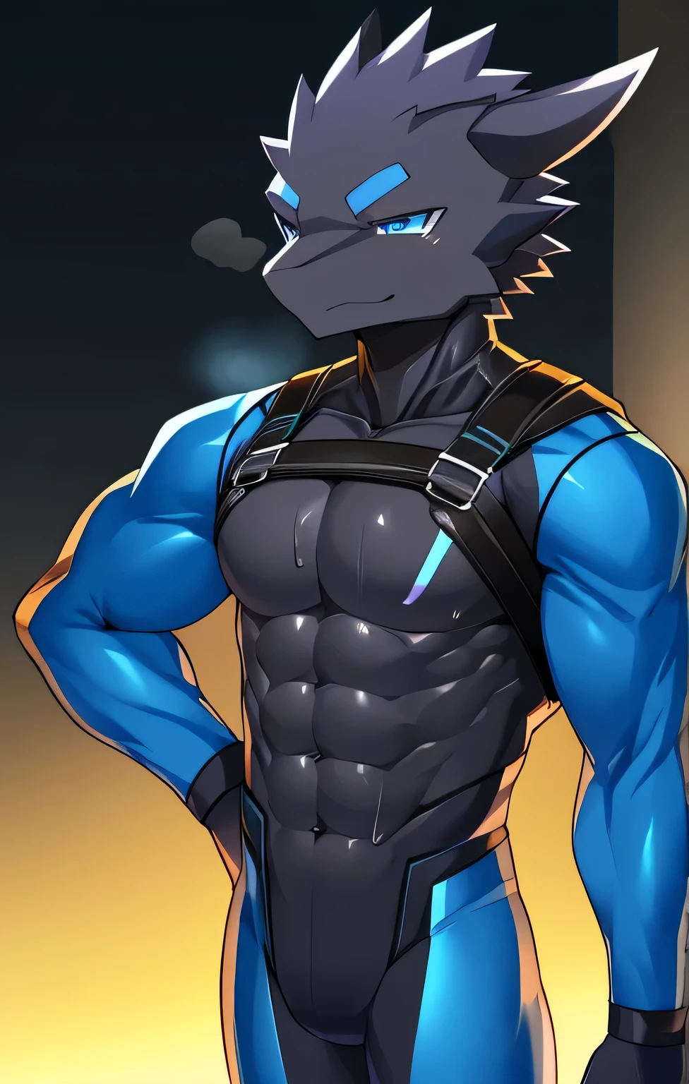 Thin macho western black dragon abs Hollow abs body suit thick arms chest rig 、sweaty skin glow profile Wearily short of breath Chemo shota Thick chest have a blue eyes Tired look Glowing abs Deep abdominals jacket profile one person