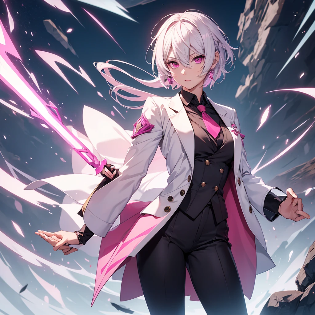 Make a girl in short white hair genshin impact banner style, pink eyes, wearing a suit that covers the entire body, holding a spear