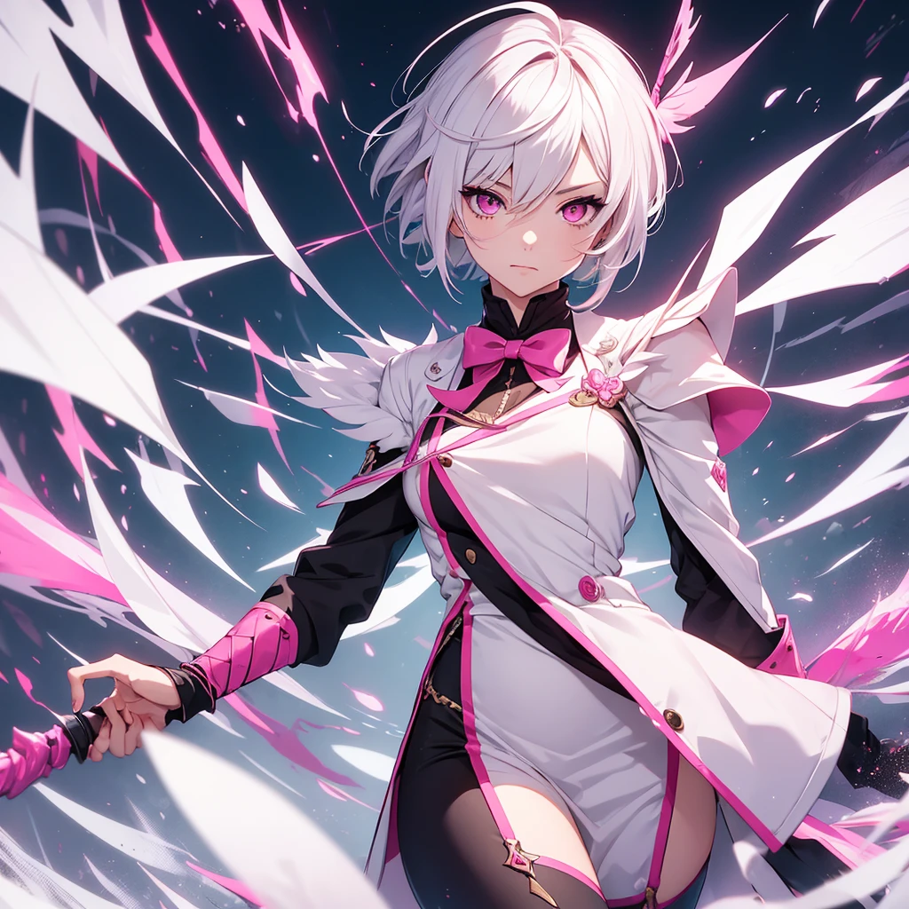 Make a girl in short white hair genshin impact banner style, pink eyes, wearing a suit that covers the entire body, holding a spear