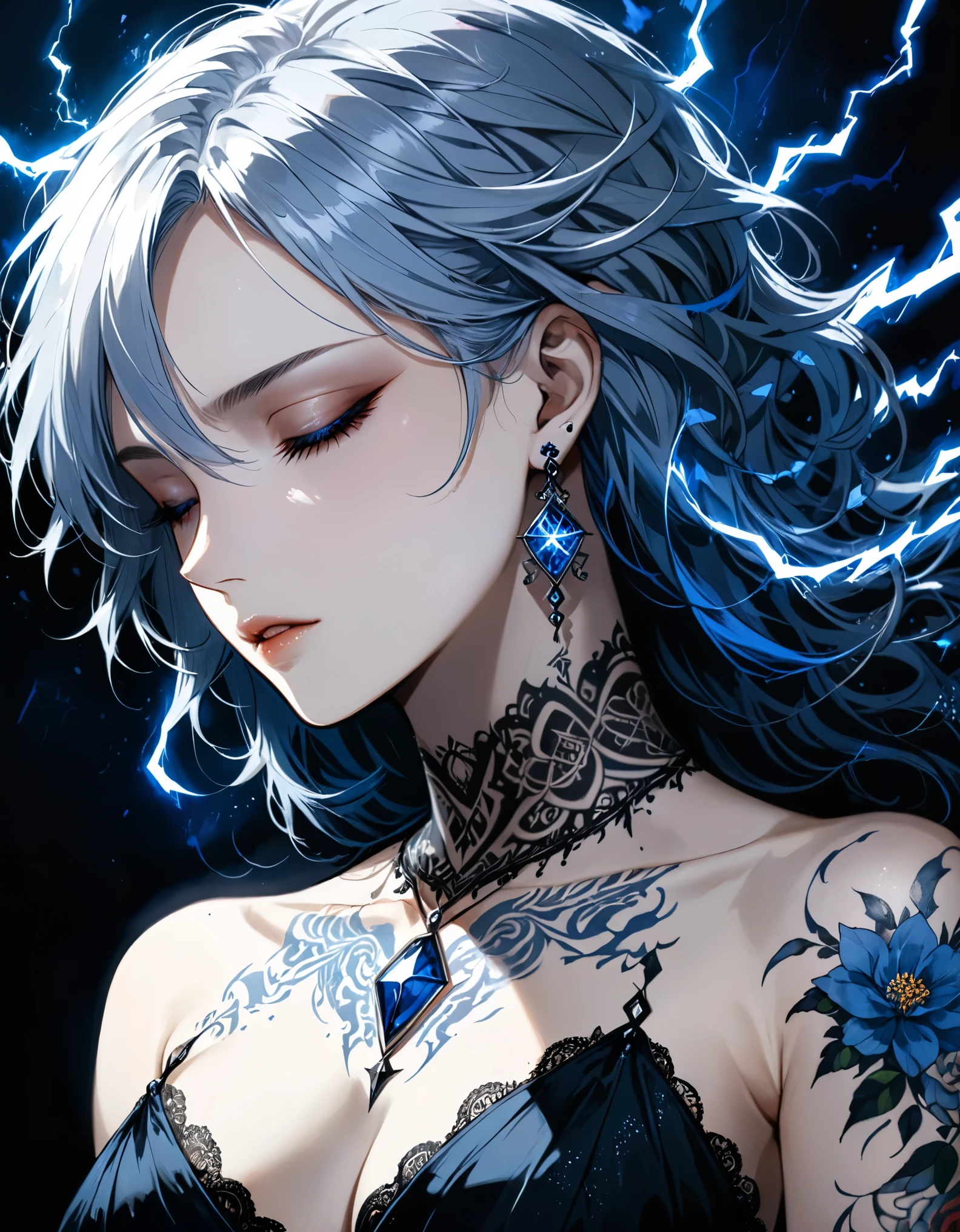 (in style of Harry Clarke:0.8),in style of Santiago Caruso, 
1girl,black background，Lying down，Close your eyes，Gray blue hair，Messy soft hair，Bare shoulders，（Blue flower tattoo on breasts),(Gorgeous and exquisite tattoo:1.8)，necklace，Diamond blue gemstone earrings，Black shirt，
BREAK
(((black)))，(((dark)))，(((Low-key light)))，(((dark art)))，(((Blue lightning effect)))，Portrait close-up，
BREAK
textured skin,textured skin,textured skin,super detail,best quality,highres,masterpiece