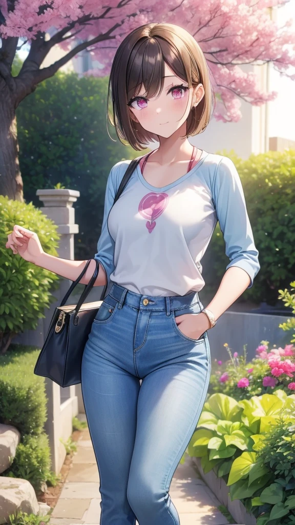 A 30 year old anime woman, short hair, pink eyes, medium chest, athletic body, dressed in a small light blue blouse, blue jeans, posing in a garden of plants