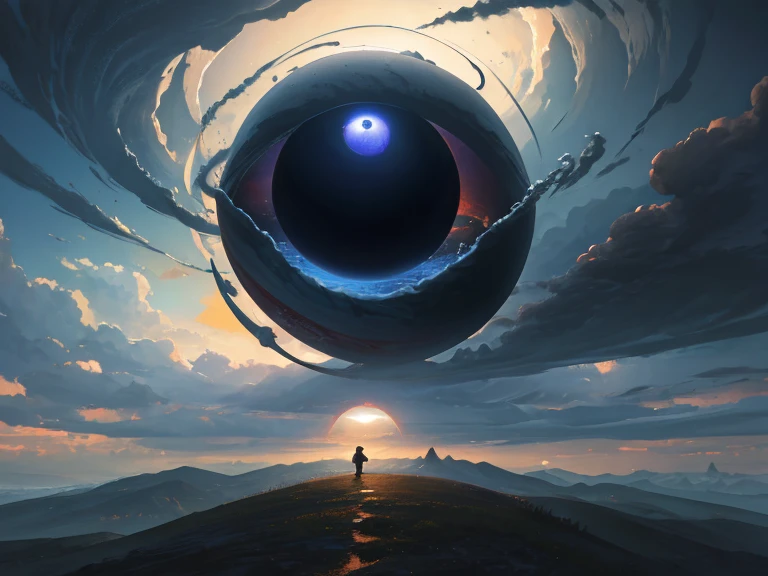 landscape、storm、typhoon、A giant eyeball in the center of the vortex、Flowing Clouds、Boy standing on top of a hill looking up、Surreal、Zdzisław Beksiński