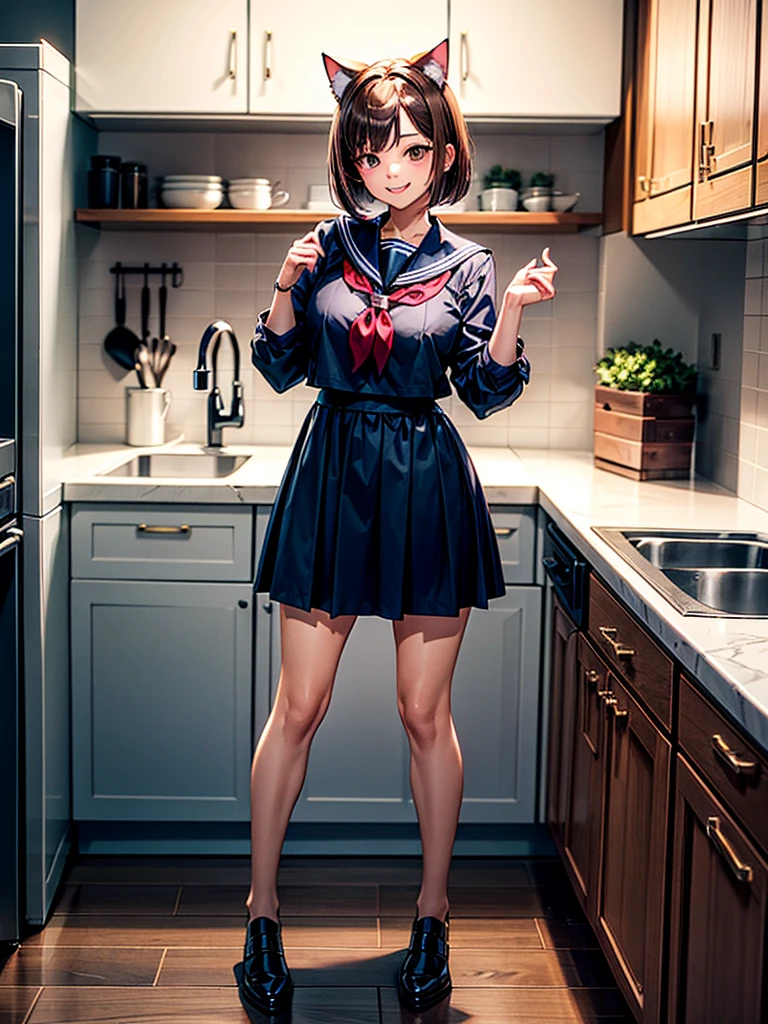 Highest quality,Highest Resolution,A beautiful smiling girl in a sailor suit,Brown hair short bob,Cat ear,kitchen,Bright lighting,Standing posture,(((Show off your outfit))),whole body,