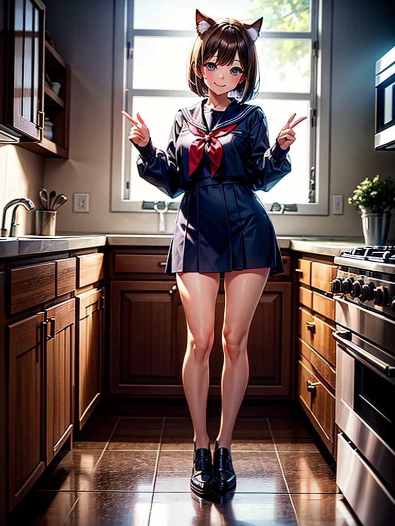 Highest quality,Highest Resolution,A beautiful smiling girl in a sailor suit,Brown hair short bob,Cat ear,kitchen,Bright lighting,Standing posture,(((Show off your outfit))),whole body,