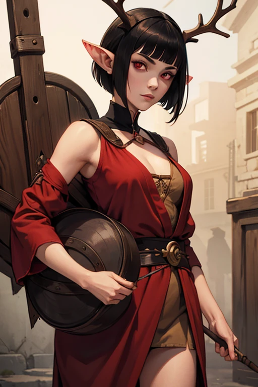 Girl with long pointed ears, short black hair, duendecillo haircut, Red eyes, antlers on the head. She is a thief who has been carrying da Vinci's monalisa trying to hide.