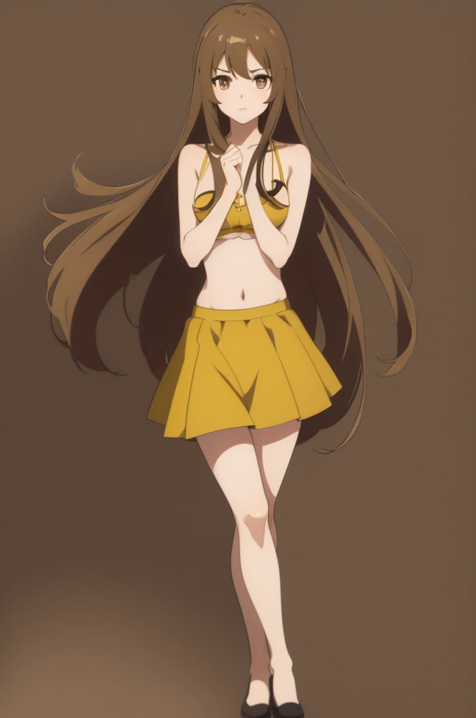 Draw a drawing of a girl with these characteristics 1.70 meters, with long straight brown hair, softer brown eyes, more feminine facial features and wearing a yellow skirt and bra, anime version