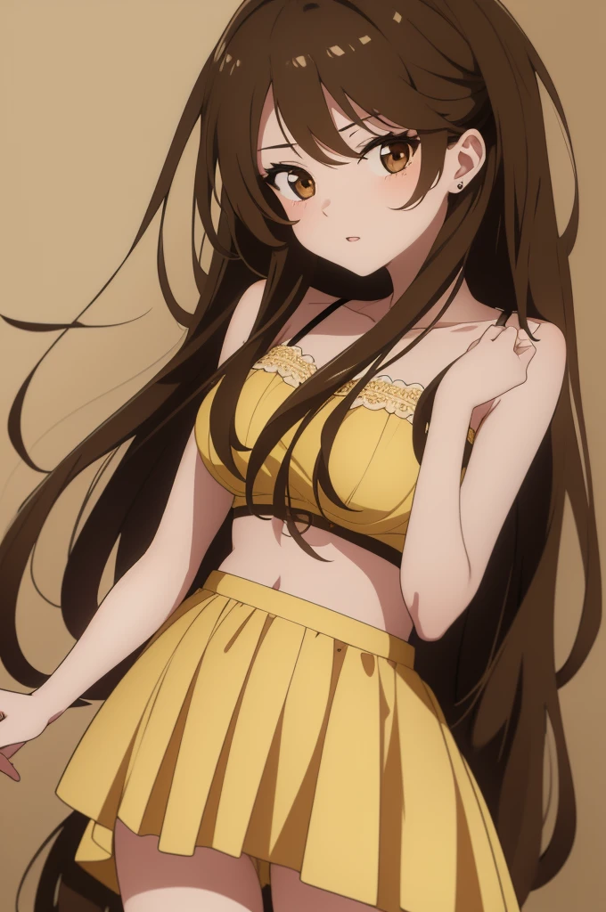 Draw a drawing of a girl with these characteristics 1.70 meters, with long straight brown hair, softer brown eyes, more feminine facial features and wearing a yellow skirt and bra, anime version