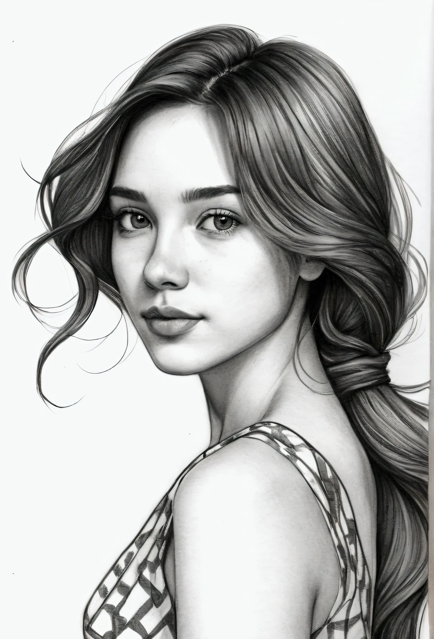 a portrait of a beautiful woman, sun dress, Defined Black Lines, 1girl, solo, water, Girl hugging tulips, Simple background, whitebackground, monochrome, lineart, ((Sketch)),((hiquality, Masterpiece:1.4)), 1girl, ((upper-body)), portrait sketch, messy drawing, messy charcoal spots, unfinished sketch, sketchbook charcoal style drawing of a woman, sketchbook drawing, sketchbook, beautiful hair, medium short hair, beatiful face, Symmetrical facial, symmetric eyes, ((paper material background)), realistic charcoal lines, imperfect drawing, charcoal crumbs, charcoal lines, Imperfection, Fade Sketch, Sketch sQueratogray (Eddymauro Mix)