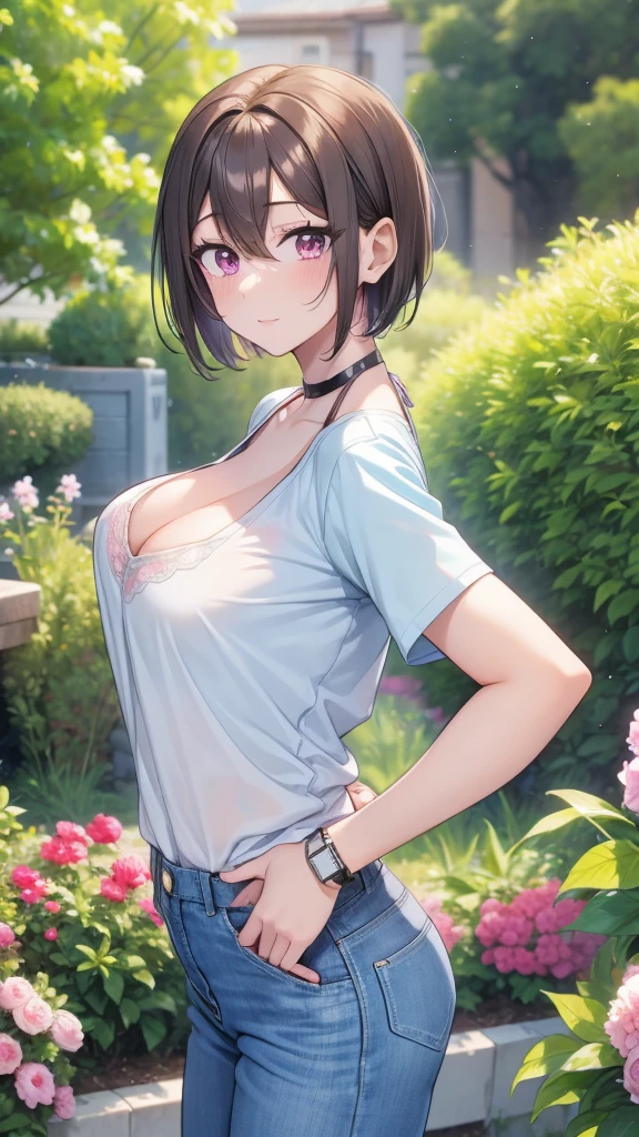 A 30 year old anime woman, short hair, pink eyes, medium chest, athletic body, dressed in a small light blue blouse, blue jeans, posing in a garden of plants