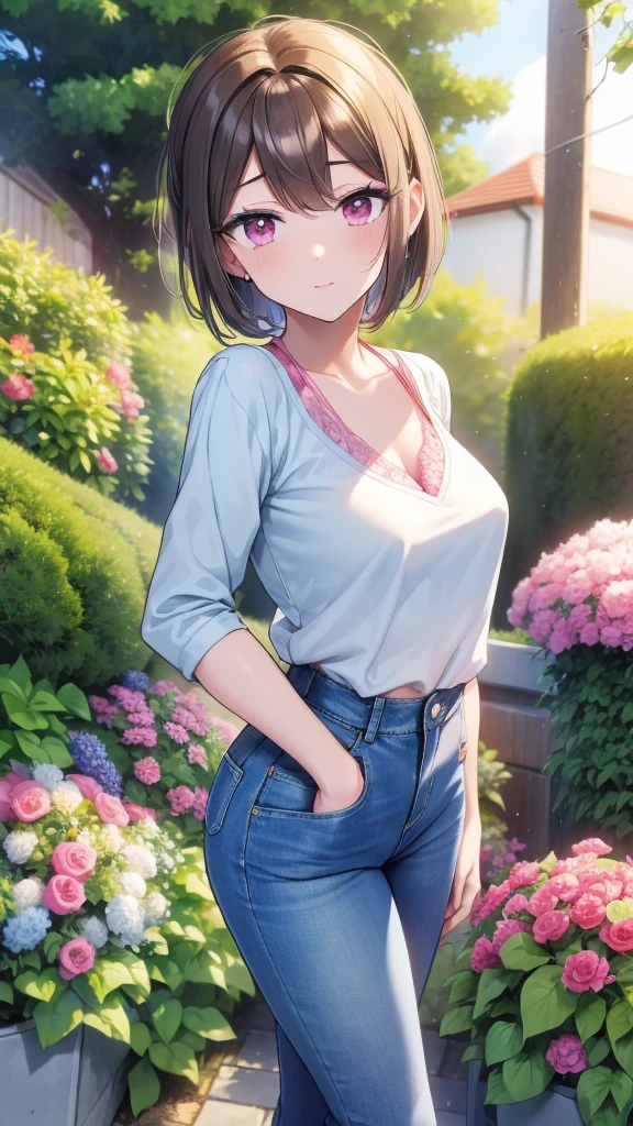 A 30 year old anime woman, short hair, pink eyes, medium chest, athletic body, dressed in a small light blue blouse, blue jeans, posing in a garden of plants