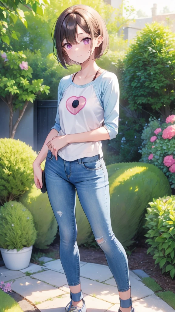 A 30 year old anime woman, short hair, pink eyes, medium chest, athletic body, dressed in a small light blue blouse, blue jeans, posing in a garden of plants