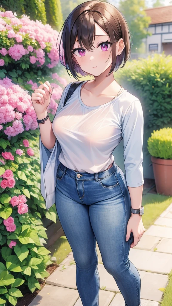 A 30 year old anime woman, short hair, pink eyes, medium chest, athletic body, dressed in a small light blue blouse, blue jeans, posing in a garden of plants