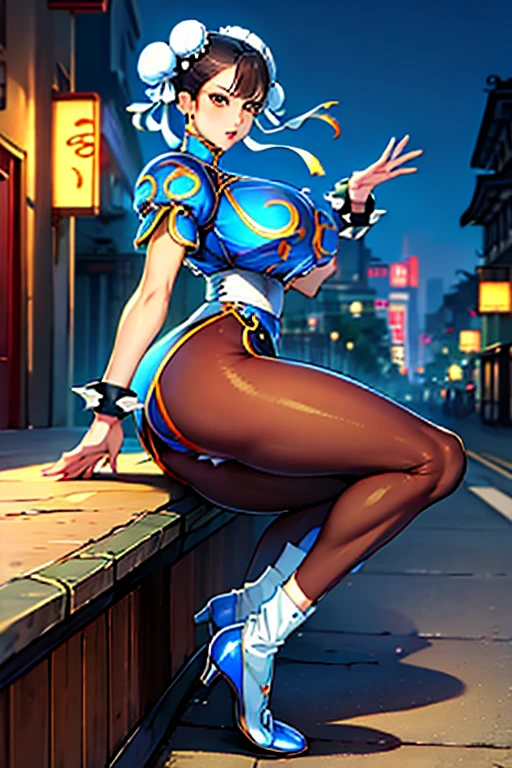 (((lChunli))), brown hair, brown fur, brown eyes, Brown eyes, ((masterpiece,The best quality)),Beautiful night street background (breasts, breasts grandes, breats, huge breasts, heels, hig heels, socks, stockings)