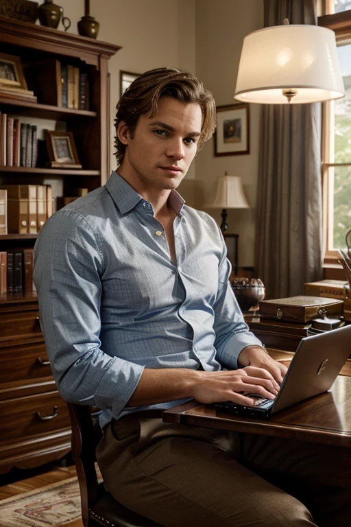 Create an image of Alexander Darcy working in his home office. Alexander is a tall, handsome man with a lean, muscular build, standing at 6'2". He has deep-set, piercing blue eyes, Blonde hair styled neatly, and a chiseled face with high cheekbones. He is seated at a large, elegant desk in a sophisticated home office, surrounded by shelves filled with rare books and antiques. Alexander is dressed in a tailored dress shirt with rolled-up sleeves, focused on his laptop. The office decor is classic and refined, with dark wood furniture, tasteful artwork, and a warm, ambient light.