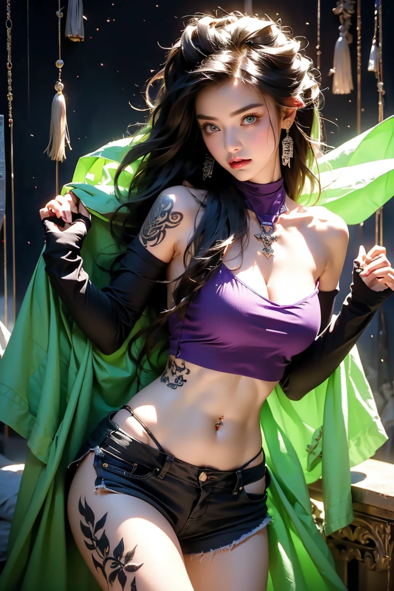 18k, young girl, (19 years old), (perfect face), fit the body (Tattoo legs), (style: rock), (have green eyes), (Full body only........), ( Topless, Show your skin, Open waist buttons, Open wide zipper, Show off your fur., Show off your skin., Wide waist opening, Cover the chest with your hands....., เปิดหน้าท้องกว้าง ripped jean shorts , open thigh high,low waist, Show off the edge of your panties., Below the navel), (purple, short, straight hair), (moderate, Open your stomach wide....., rounded chest), (in the background, rock style night club). canvas