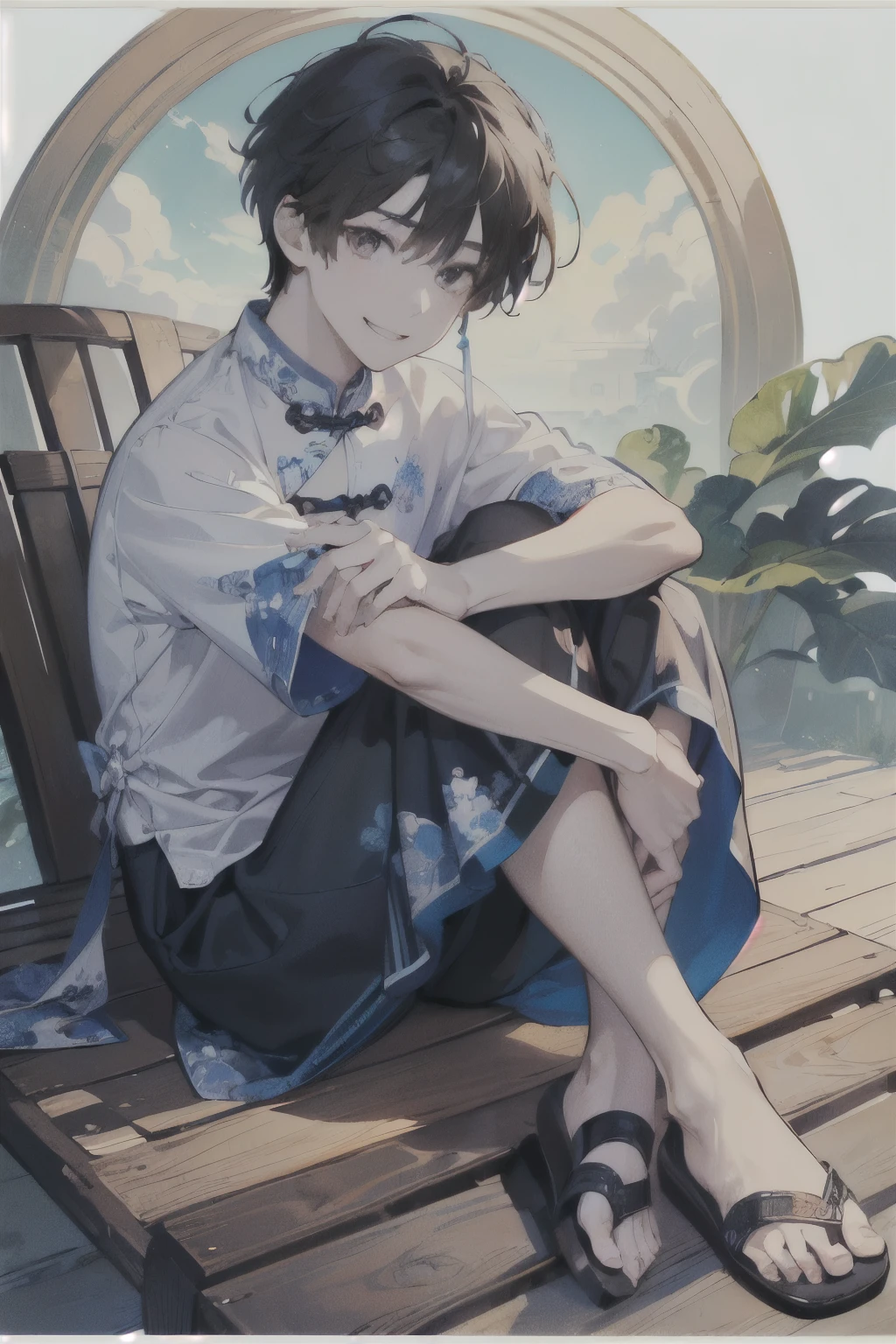 (masterpiece, top quality, best quality, official art, beautiful and aesthetic:1.2), (1boy:1.3), (fractal art:1.3),(Summer vacation:1.2),(Aoi、hollyhock:1.3),((Circle Frame:1.2)),(Jinbei-style short-sleeved shirt and sandals:1.25),(close-up Face:1.3),((Sit with your knees hugged:1.2)),(brown hair:1.1),(smile:1.3).