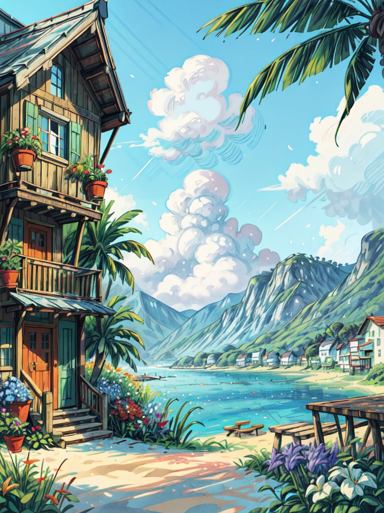 super wide perspective, outdoors, a beautiful white colored old cabin, flower fields, mountains, blue doors and windows, beach side, windy, moody weather, sand, tropical plants, stairs, amazing sky, ghibli anime scene, pots with tropical leafy plants, white metal chair with table, white cycle with basket, red flowers in balcony, flowers in foreground, cinematic color tones, subtle light, vibrant color tones, ghibli style, no humans, scenery, masterpiece, high resolution 