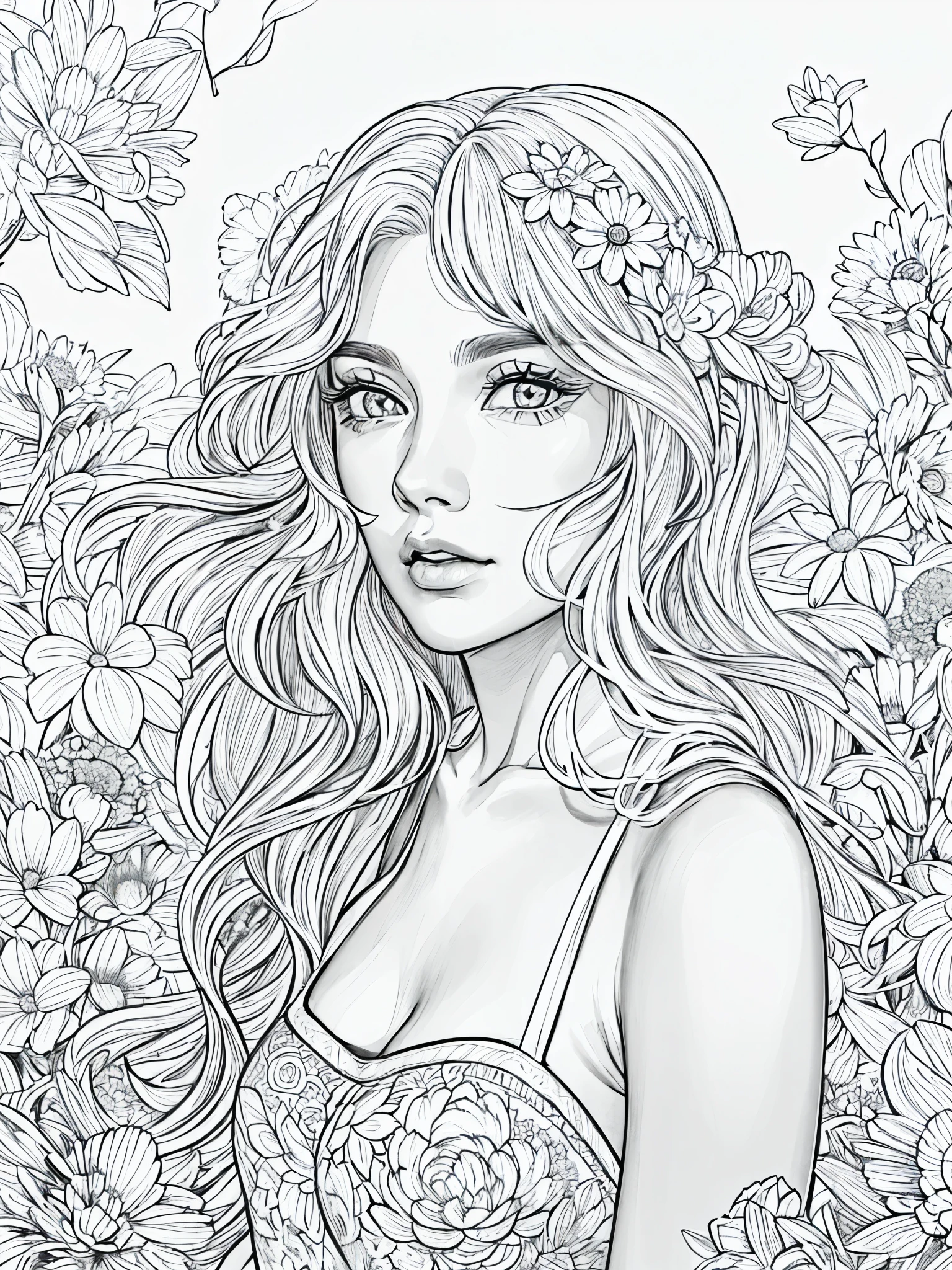 (Black and white coloring book:1.5), line drawings, masterpiece, best quality, ultra-detailed, high resolution, Very detailed face, (Eyes clear and distinct lines), Hair is white color, Upper body shot, Woman in floral dress for a light and airy spring garden party, Hyper detailed crisp black line draw, ((simple white color))