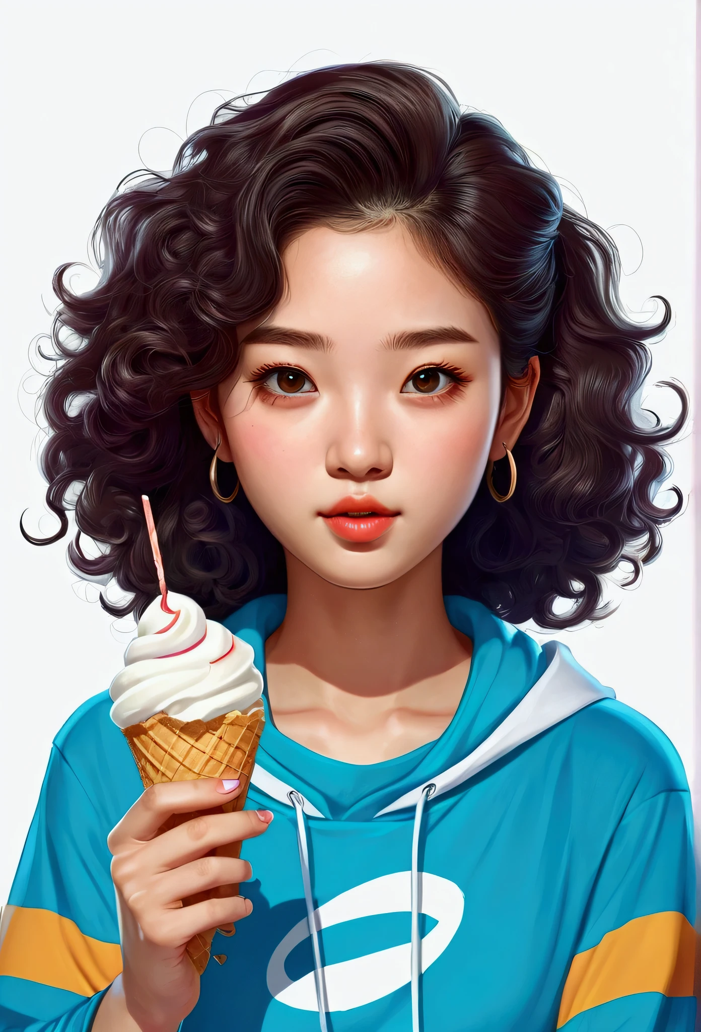 Cartoon image of a woman with permed hair, Super pretty 16 year old Korean girl, Cartoon style illustration, Cartoon Art Style, Cartoon Art Style, Digital illustration style, Highly detailed character design, cute detailed digital art, Urban Girl Fan Art, Portrait Character Design, beautiful digital illustration, high quality portrait, Comic art, Asia, Character Design Portrait, Eat ice cream