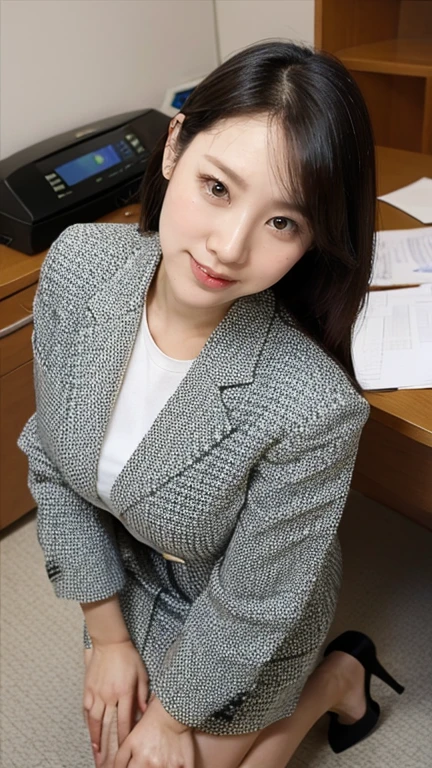 Highest quality、masterpiece、Ultra-high resolution、(Realistic:1.4)、Leaning forward、From above、(((Take a look here)))、I have the documents、Happy expression、Beautiful woman、suit、skirt、High heels、office