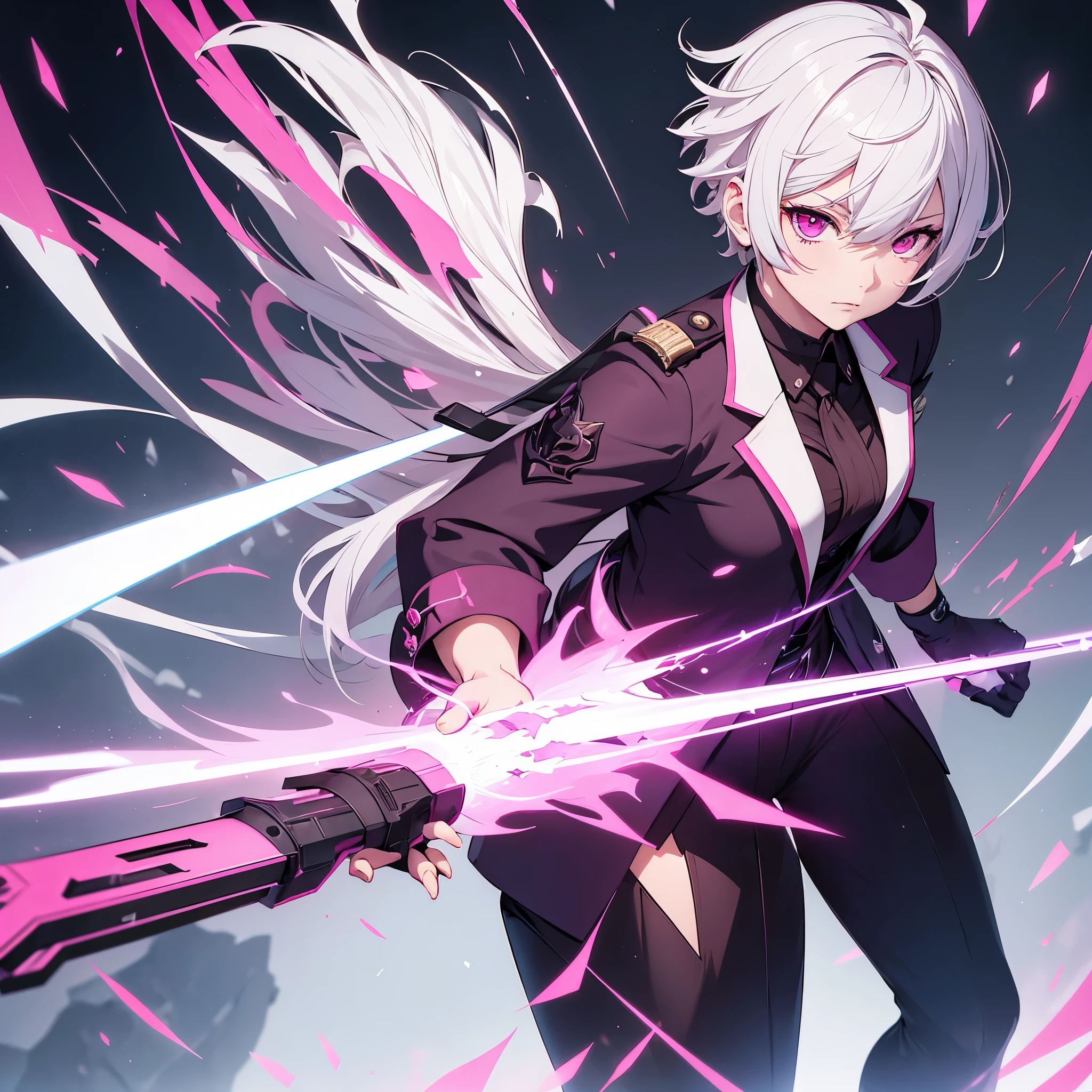 Make a girl in short white hair genshin impact banner style, pink eyes, wearing a suit that covers the entire body, holding a spear