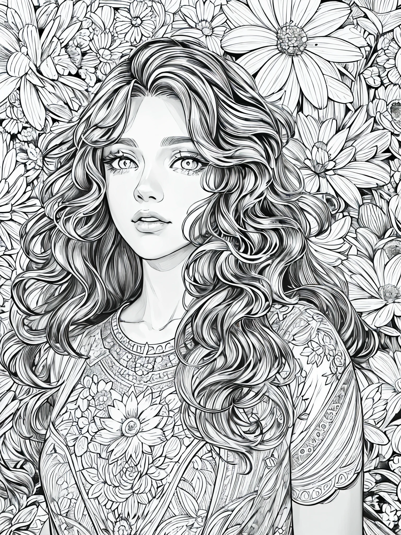 (Black and white coloring book:1.5), line drawings, masterpiece, best quality, ultra-detailed, high resolution, Very detailed face, (Eyes clear and distinct lines), Hair is white color, Upper body shot, Woman in floral dress for a light and airy spring garden party, Hyper detailed crisp black line draw, ((simple white color))