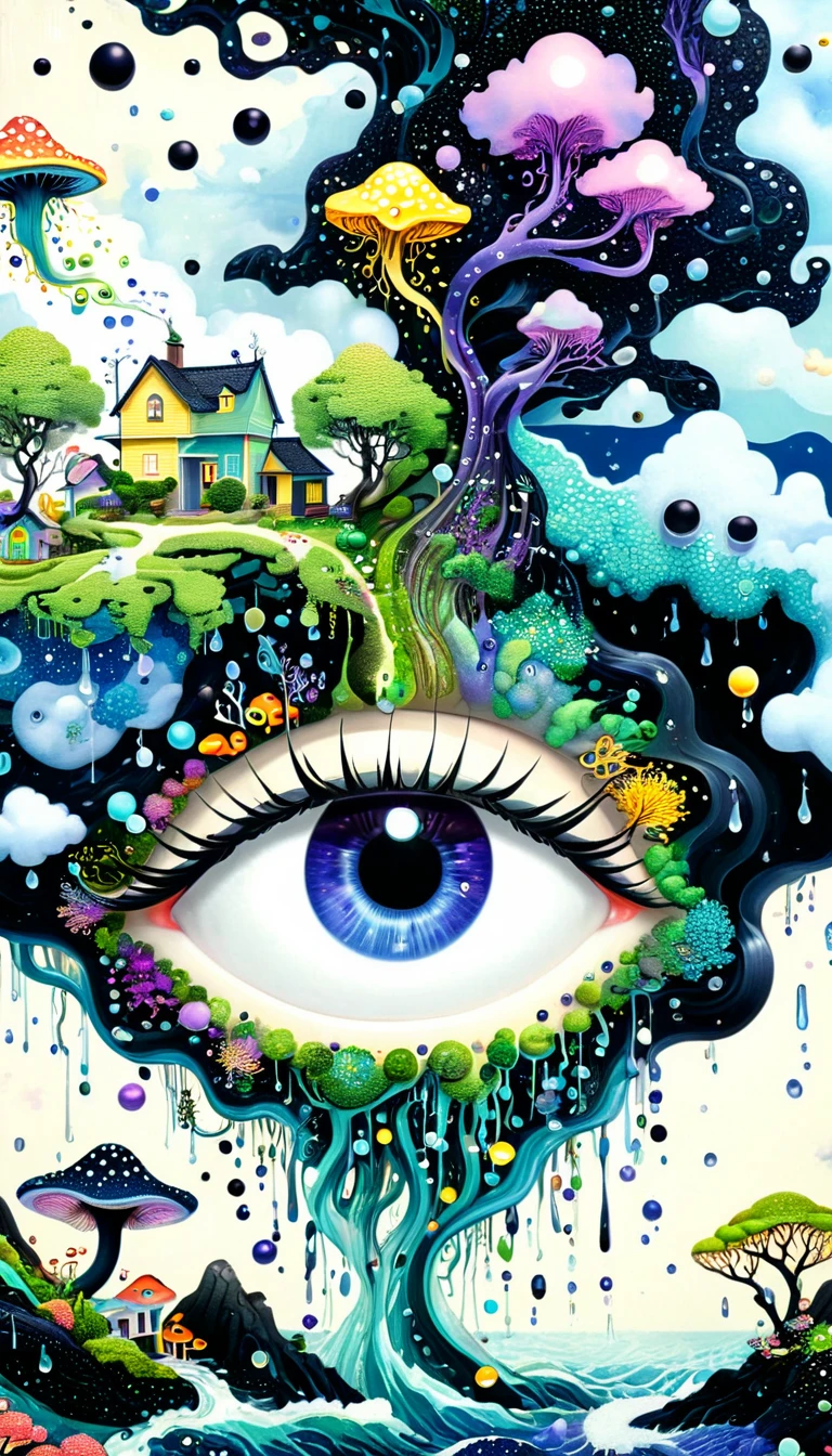 Broto art style，Strong visual fusion of multiple elements，来自Star的艺术家，Colorful black，Dopamine color scheme，house、Eye、Colored Contact Lenses、Tree、pearl珠帘、pearl、Star、cloud、fish、Spore powder、Ocean、rain、Tentacles，Describing the inner world of autistic people，密集Pointillism method。Smooth lines。interesting，Strange illustration。Pointillism method。Strong contrast。Award-winning works。