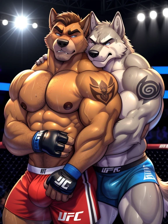 Duo male(Gray Wolf vs Brown Dog, handsomes, handsome hairstyle, tails, Thick eyebrows), gay(cuddling embraced from behind, holding armpits, in a UFC match), hot(Shirtless), handsomes(They are handsomes, correct anatomy), musculosos(Big muscle bodies, Six packs, muscle abs, big pecs, muscle backs, muscle legs), sweaty(very sweaty wet bodies, shiny sweat), tatuajes(they have tattoos), Grumpy(Both have an grumpy expression, growling, grumpy teeths, steaming breath), UFC gloves(They both are wearing UFC gloves), boxers(they both are wearing ufc boxers), Hight resolution, by(Zourik:1.1) 