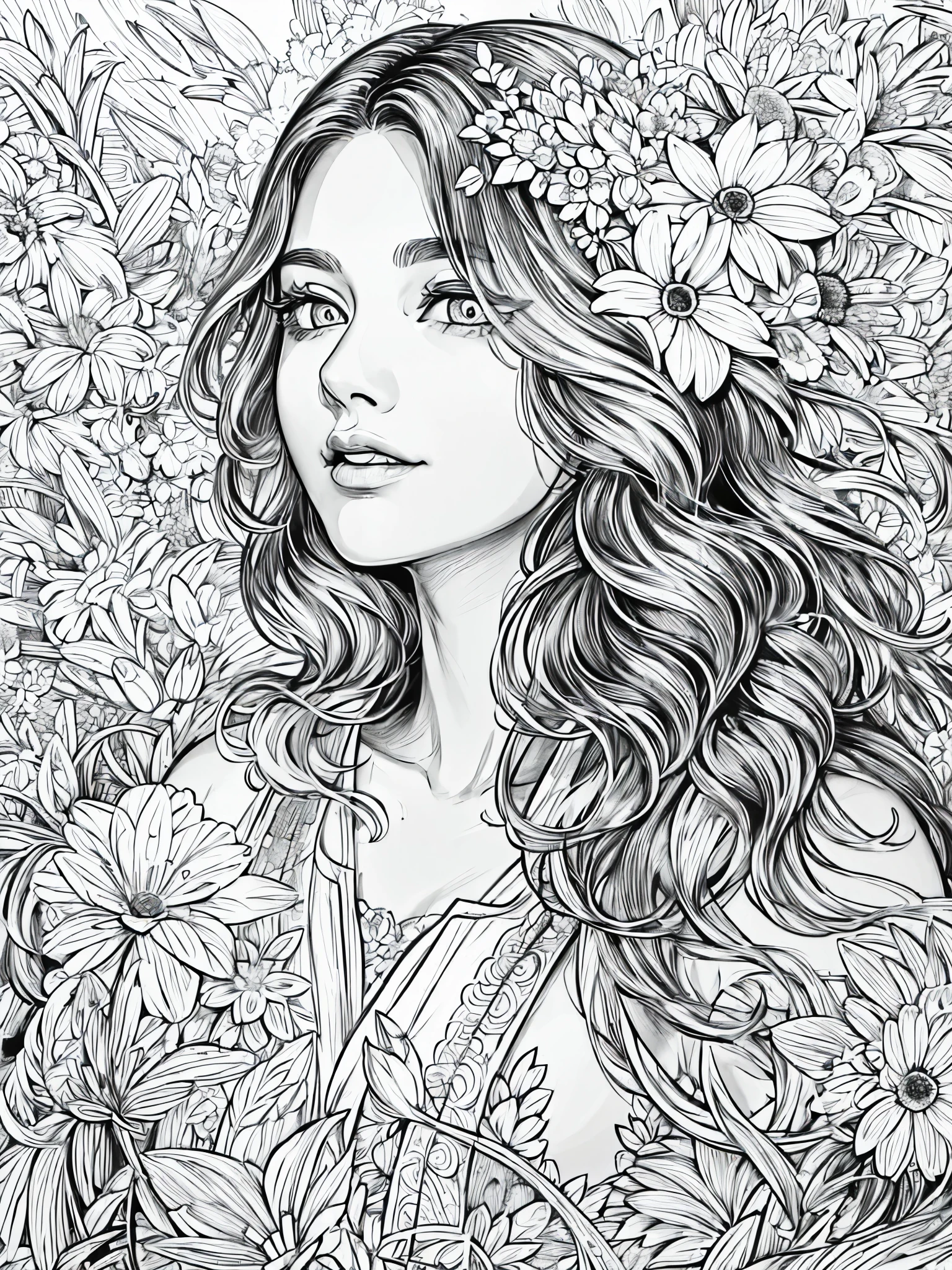 (Black and white coloring book:1.5), line drawings, masterpiece, best quality, ultra-detailed, high resolution, Very detailed face, (Eyes clear and distinct lines), Hair is white color, Full body shot, Woman in floral dress for a light and airy spring garden party, Hyper detailed crisp black line draw, ((simple white color))