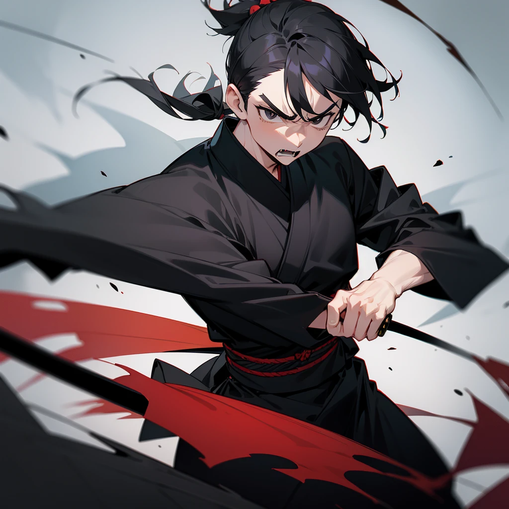 HOMEM MASCULINO, black short ponytail hair, black eyes, black kimono, black katana, angry expression, battle pose, slightly muscular body