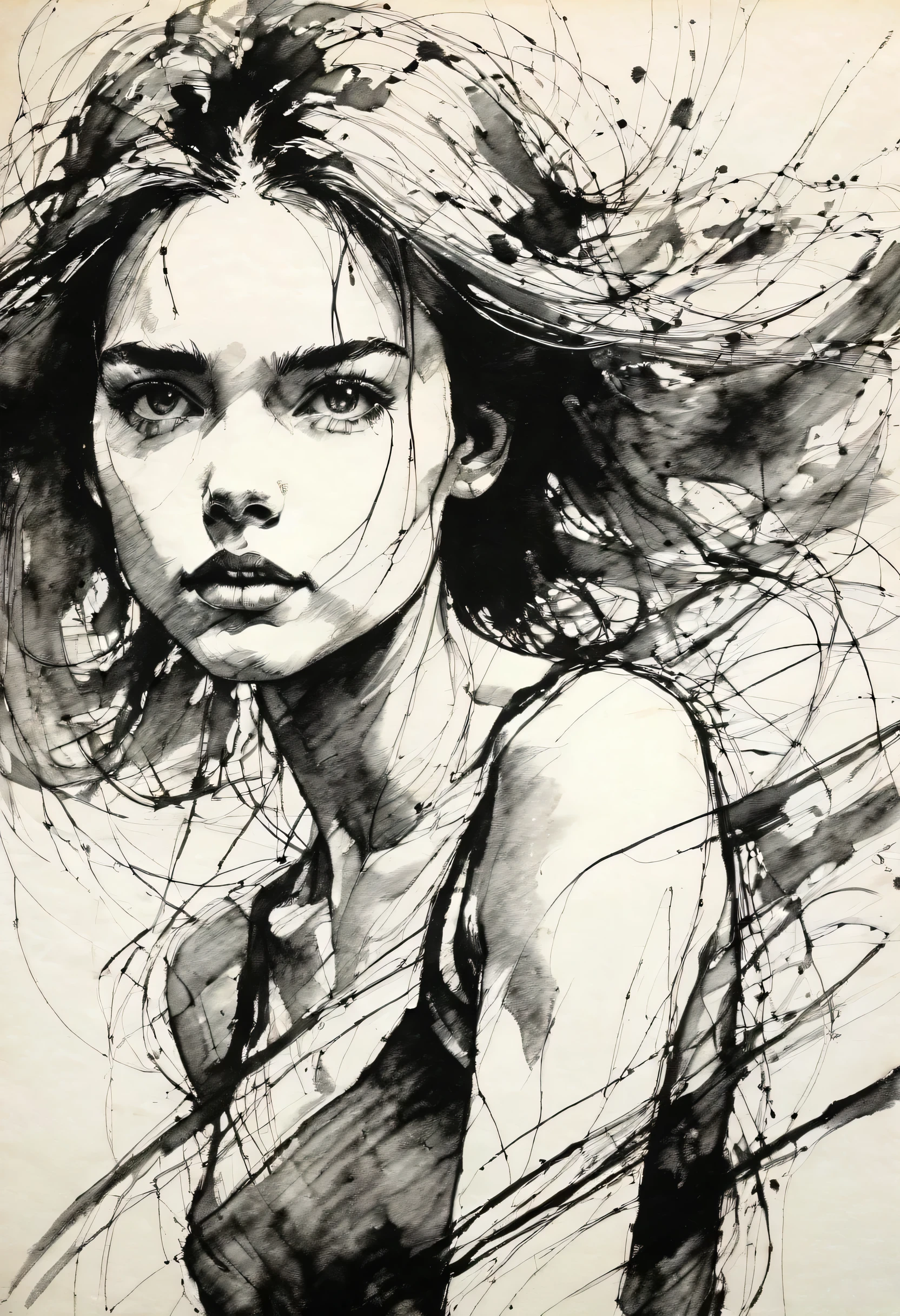 (best quality, high resolution, masterpiece:1.2), Super detailed, actual:1.37, black ink sketch, smooth lines, Expressive facial expressions and gestures, simple background, Emphasis on light, shadow and spatial perception, Abundant negative space, young girl.