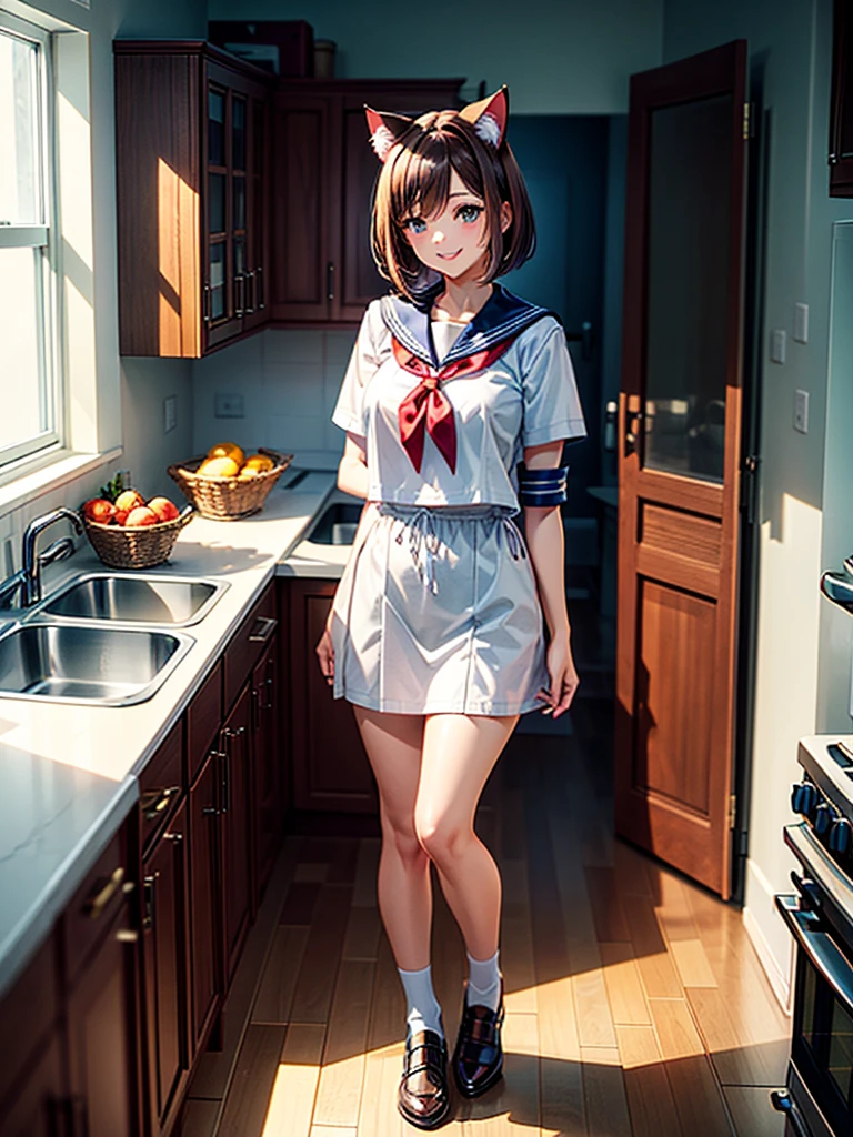 Highest quality,Highest Resolution,A beautiful smiling girl in a sailor suit,Brown hair short bob,Cat ear,kitchen,Bright lighting,Standing posture,(((Show off your outfit))),whole body,へそ出し,