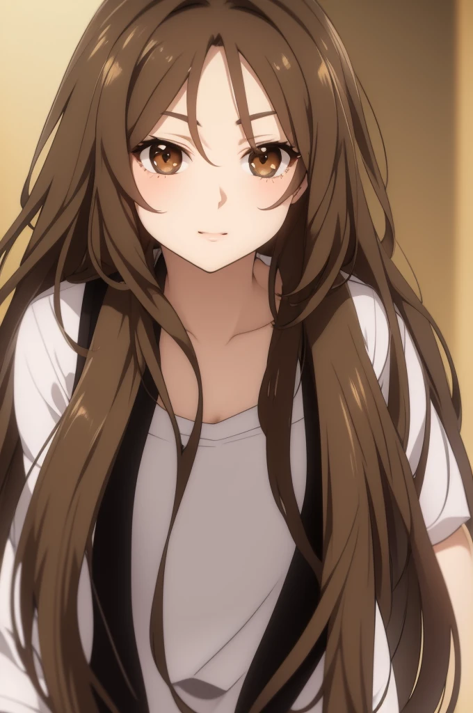 Draw a drawing of a girl with these characteristics 1.70 meters, with long straight brown hair, softer brown eyes, more feminine facial features, anime version