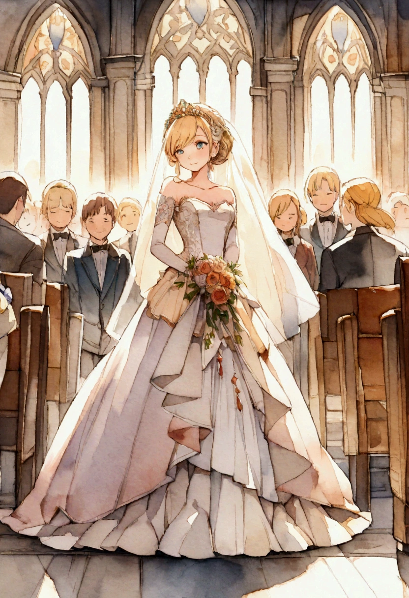 Wedding of a blonde princess and a prince in gorgeous wedding dresses In front of the crowd Fantasy Picture books watercolor