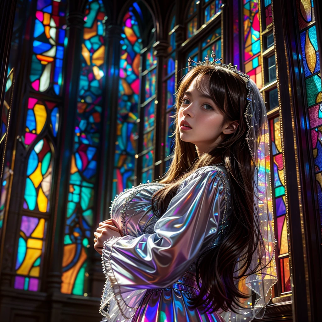  (Cathedral from below:1.28) (ZoomLayer) TopQuality 8K masterpiece of ((Professional photo)), (((Clarisse de Cagliostro))) (Detailed White WeddingDresses), Chain, (((Extremely detailed KAWAII face))) {((VeiledFace))|BlondeHair|(Elaborate BuleEyes)with(SparklingHighlights:1.28)}, The background is distant (((Elaborate stained glass))) Rainbow Glass, {(MysticSight)|EnchantingAtmosphere|Haze|(GodRays)|TyndallEffect}, Radiant PearlSkin with Transparency, (Exposed:0.39)