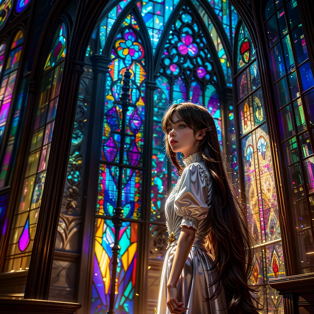 (Cathedral from below:1.28) (ZoomLayer) TopQuality 8K masterpiece of ((Professional photo)), (((Clarisse de Cagliostro))) (Detailed White WeddingDresses), Chain, (((Extremely detailed KAWAII face))) {((VeiledFace))|BlondeHair|(Elaborate BuleEyes)with(SparklingHighlights:1.28)}, The background is distant (((Elaborate stained glass))) Rainbow Glass, {(MysticSight)|EnchantingAtmosphere|Haze|(GodRays)|TyndallEffect}, Radiant PearlSkin with Transparency, (Exposed:0.39)