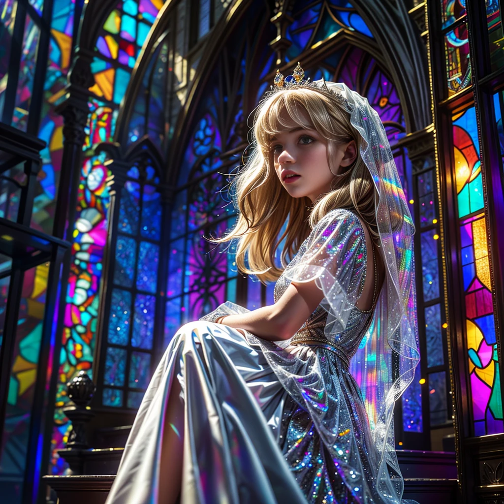 (Cathedral from below:1.28) (ZoomLayer) TopQuality 8K masterpiece of ((Professional photo)), (((Clarisse de Cagliostro))) (Detailed White WeddingDresses), Chain, (((Extremely detailed KAWAII face))) {((VeiledFace))|BlondeHair|(Elaborate BuleEyes)with(SparklingHighlights:1.28)}, The background is distant (((Elaborate stained glass))) Rainbow Glass, {(MysticSight)|EnchantingAtmosphere|Haze|(GodRays)|TyndallEffect}, Radiant PearlSkin with Transparency, (Exposed:0.39)