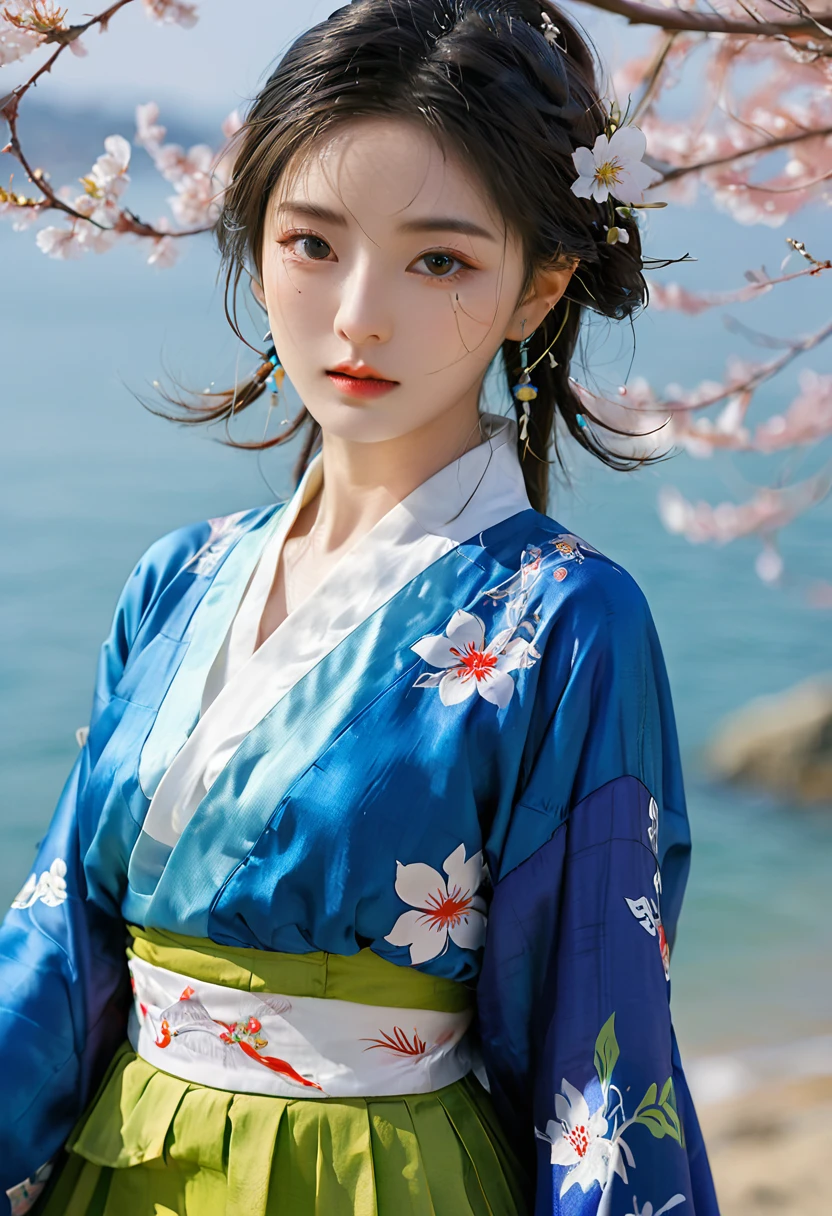 Front view, facing the camera, Korean natic onal costume, no pattern, thick texture, bright blue skirt, silk texture, beautiful girl, seaside, cherry blossoms.bright colors. pral irie. vasation badcore, analysis film, ultra-detailed. interior, surre l, reality, best quality, film lighting. highest quality. ultra-detailed, superb Masterpiece.(Facial Details), Eyes with Light, First Love, Art Photography, Ultimate lmage Quality, Super Resolution,Portrait Photography, Professional Lighting --ar 2:3 --v 6.0
