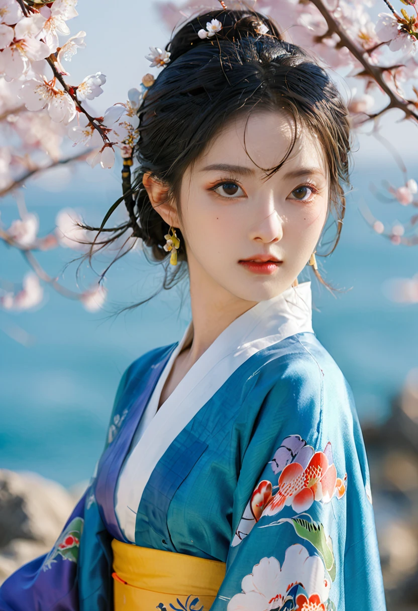 Front view, facing the camera, Korean natic onal costume, no pattern, thick texture, bright blue skirt, silk texture, beautiful girl, seaside, cherry blossoms.bright colors. pral irie. vasation badcore, analysis film, ultra-detailed. interior, surre l, reality, best quality, film lighting. highest quality. ultra-detailed, superb Masterpiece.(Facial Details), Eyes with Light, First Love, Art Photography, Ultimate lmage Quality, Super Resolution,Portrait Photography, Professional Lighting --ar 2:3 --v 6.0
