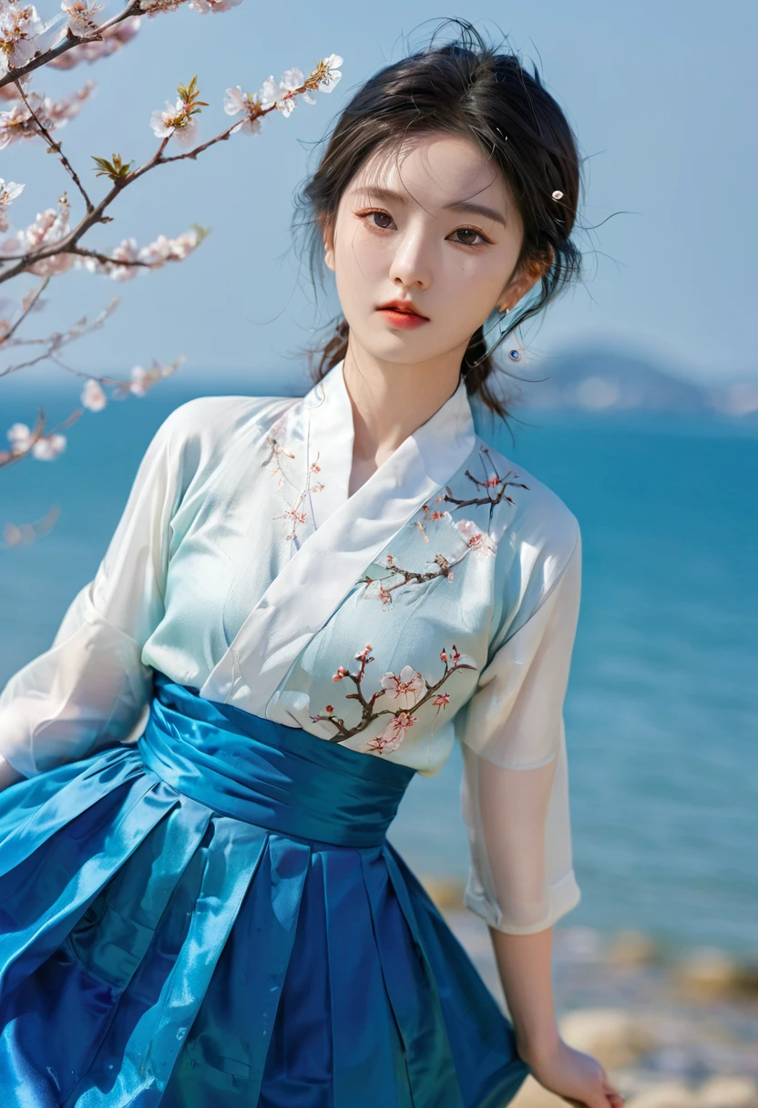 Front view, facing the camera, Korean natic onal costume, no pattern, thick texture, bright blue skirt, silk texture, beautiful girl, seaside, cherry blossoms.bright colors. pral irie. vasation badcore, analysis film, ultra-detailed. interior, surre l, reality, best quality, film lighting. highest quality. ultra-detailed, superb Masterpiece.(Facial Details), Eyes with Light, First Love, Art Photography, Ultimate lmage Quality, Super Resolution,Portrait Photography, Professional Lighting --ar 2:3 --v 6.0
