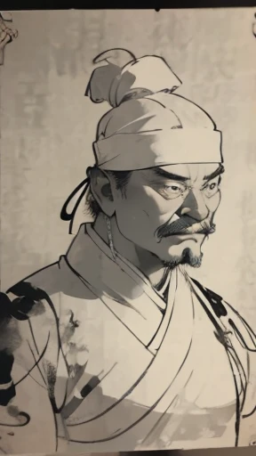 (((Monochrome)))、(((Ink Painting)))、((Line art))、Ancient Chinese man in armor、(Ancient Chinese hairstyle for men in white knitted hat)、As seen in the Romance of the Three Kingdoms々military commander、Highest quality、masterpiece、Ultra-high resolution、(Realistic:1.4)、Game Poster、Crisp and beautiful image quality、Embroidered cloth wrapped around a topknot、whole body , (Very detailed, bloom:1.5), (analog:1.2),  (Dynamic Short Hair),Dark Eyes、