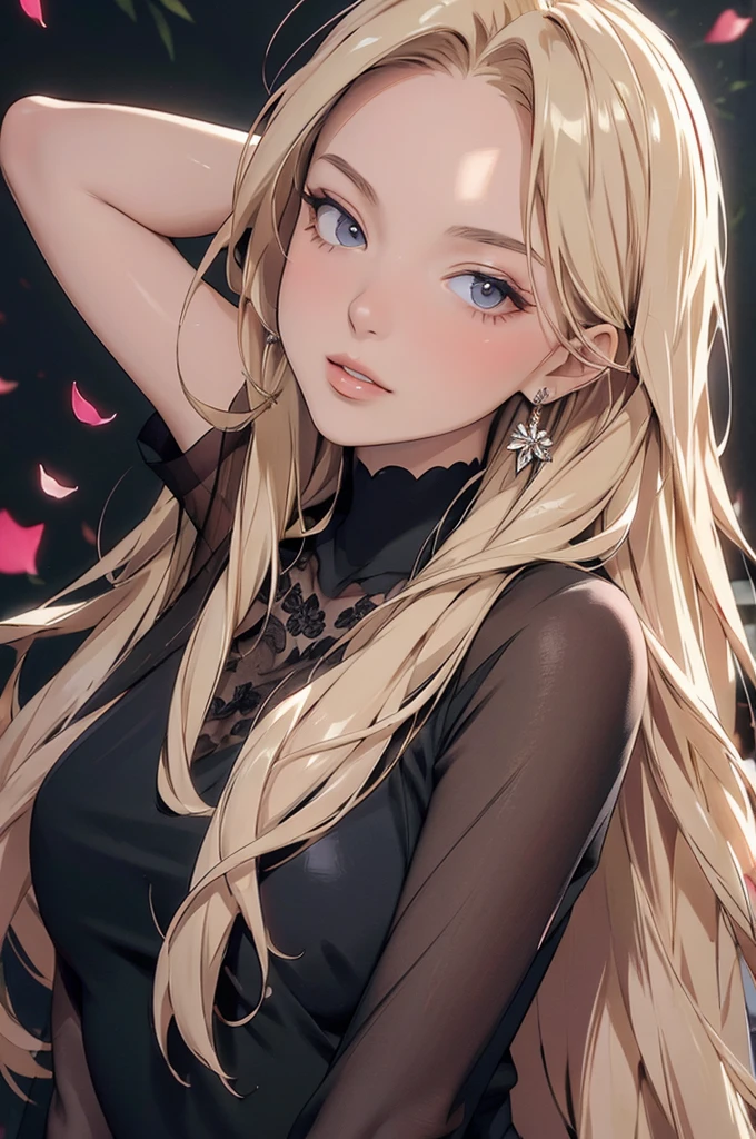 (masterpiece, best quality, ultra-detailed:1.3), 1girl, arms behind head, (smile:0.5) edgPetal, a woman wearing a black dress made of flower petals, wearing edgPetal, garden background, dimly lit BREAK (long blonde hair), mid parted hair  