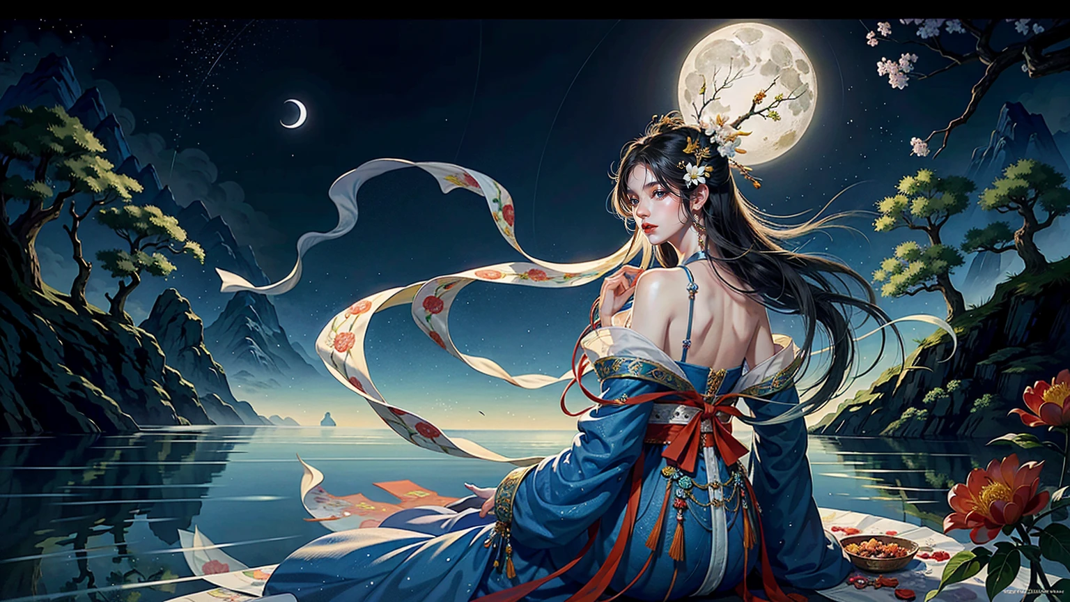 (masterpiece:1.5, Highest quality, Very detailed、 Dutch Angle、Semi-realistic、Fantasy)(One Girl, alone)(Silver Hair:1.6,,Straight Long Hair)(Wearing Han clothes, Royalty、Blue and Yellow Hanfu:1.5,Thick fabric,Long sleeve)、((Off the shoulder、medium breasts, Beautiful cleavage、ruby necklace))(from backside),(Beautiful starry sky、Mystical Night、Particles of light float around the woman、Fantastic space)