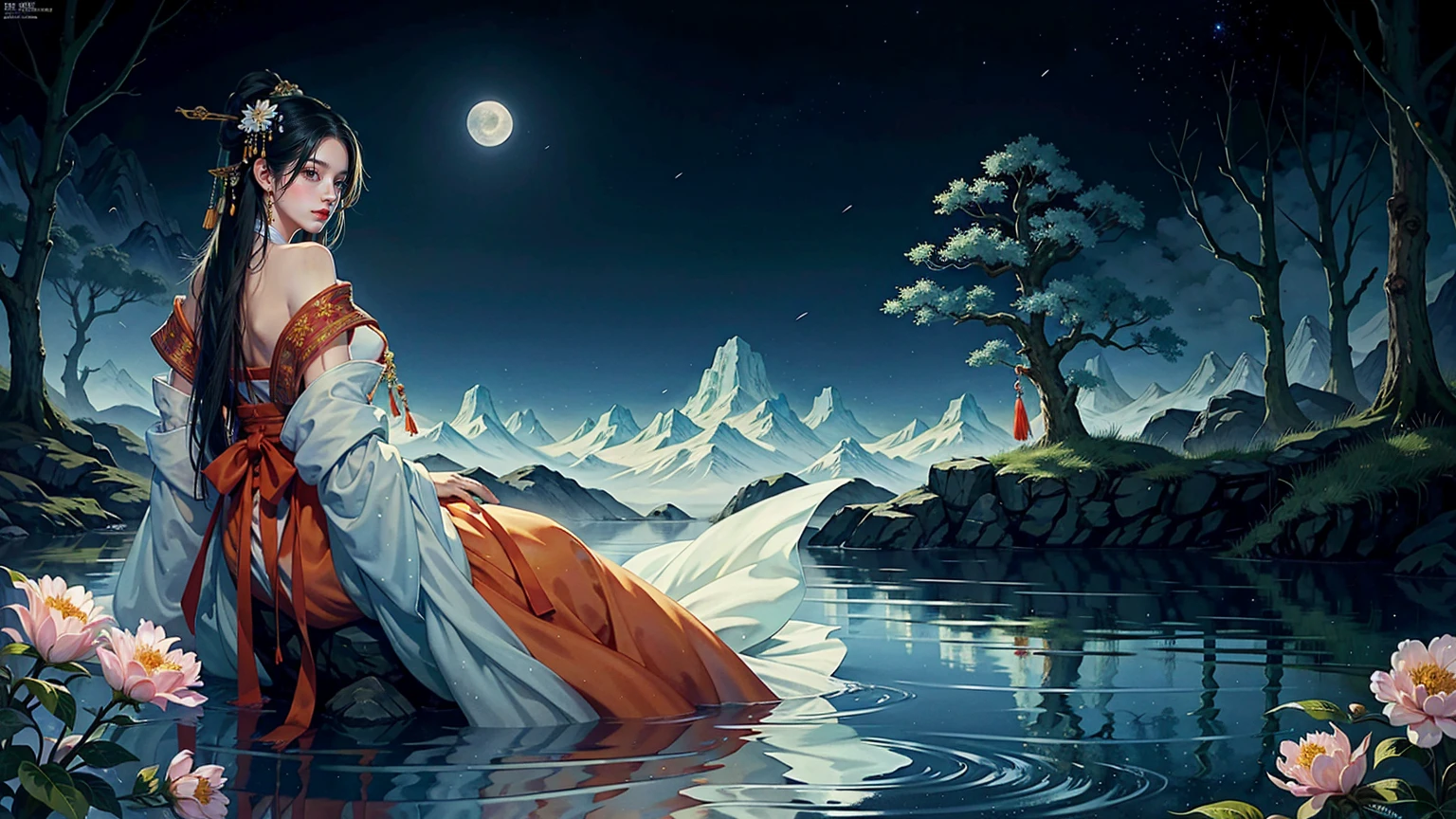 Official Art, Unity 8K wallpaper, Extremely detailed, beautiful and aesthetic, masterpiece, best quality, For the world,You may be alone,But for someone,You could be the whole world, paradox, Adrian Genius, Jenny Savile, Edward Hope, Surrealism, The Dark Arts of James Jean, Takato Yamamoto, 墨water朋克极简主义, fashion magazine, Editorial Photography, gufeng, moon, Tree, Solitary, water, flower, Branches, night, Black Hair, Back to, shawl, full moon, (1 Korean girl,Sexy facial features), in Tree, Long hair, Sky, sit, Chinese clothes, Hanfu, crescent moon, permanent, outdoor,手上有一个water晶球