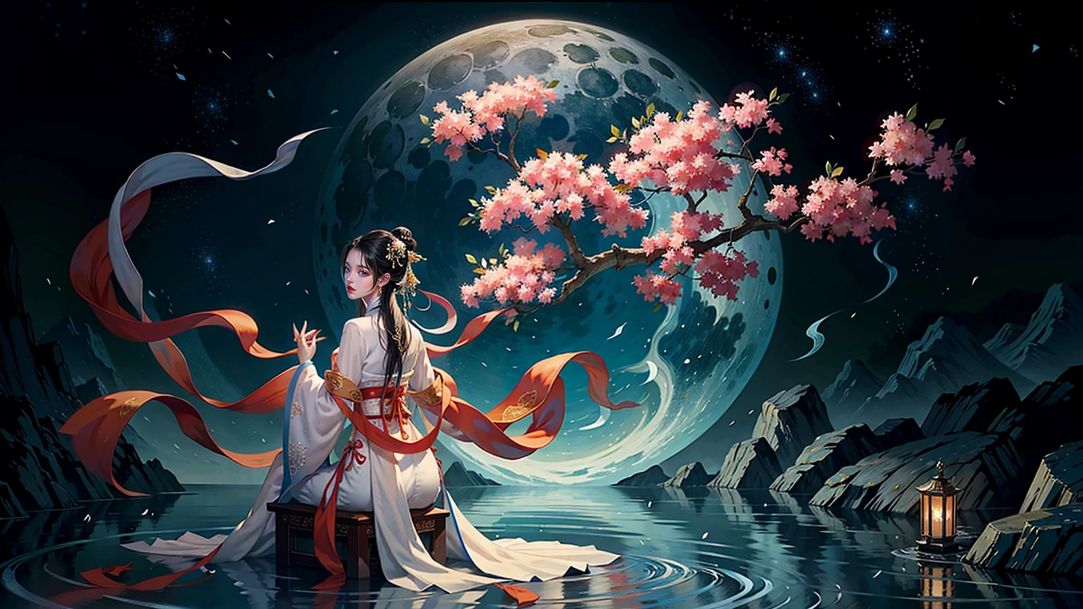 Official Art, Unity 8K wallpaper, Extremely detailed, beautiful and aesthetic, masterpiece, best quality, For the world,You may be alone,But for someone,You could be the whole world, paradox, Adrian Genius, Jenny Savile, Edward Hope, Surrealism, The Dark Arts of James Jean, Takato Yamamoto, 墨water朋克极简主义, fashion magazine, Editorial Photography, gufeng, moon, Tree, Solitary, water, flower, Branches, night, Black Hair, Back to, shawl, full moon, (1 Korean girl,Sexy facial features), in Tree, Long hair, Sky, sit, Chinese clothes, Hanfu, crescent moon, permanent, outdoor,手上有一个water晶球