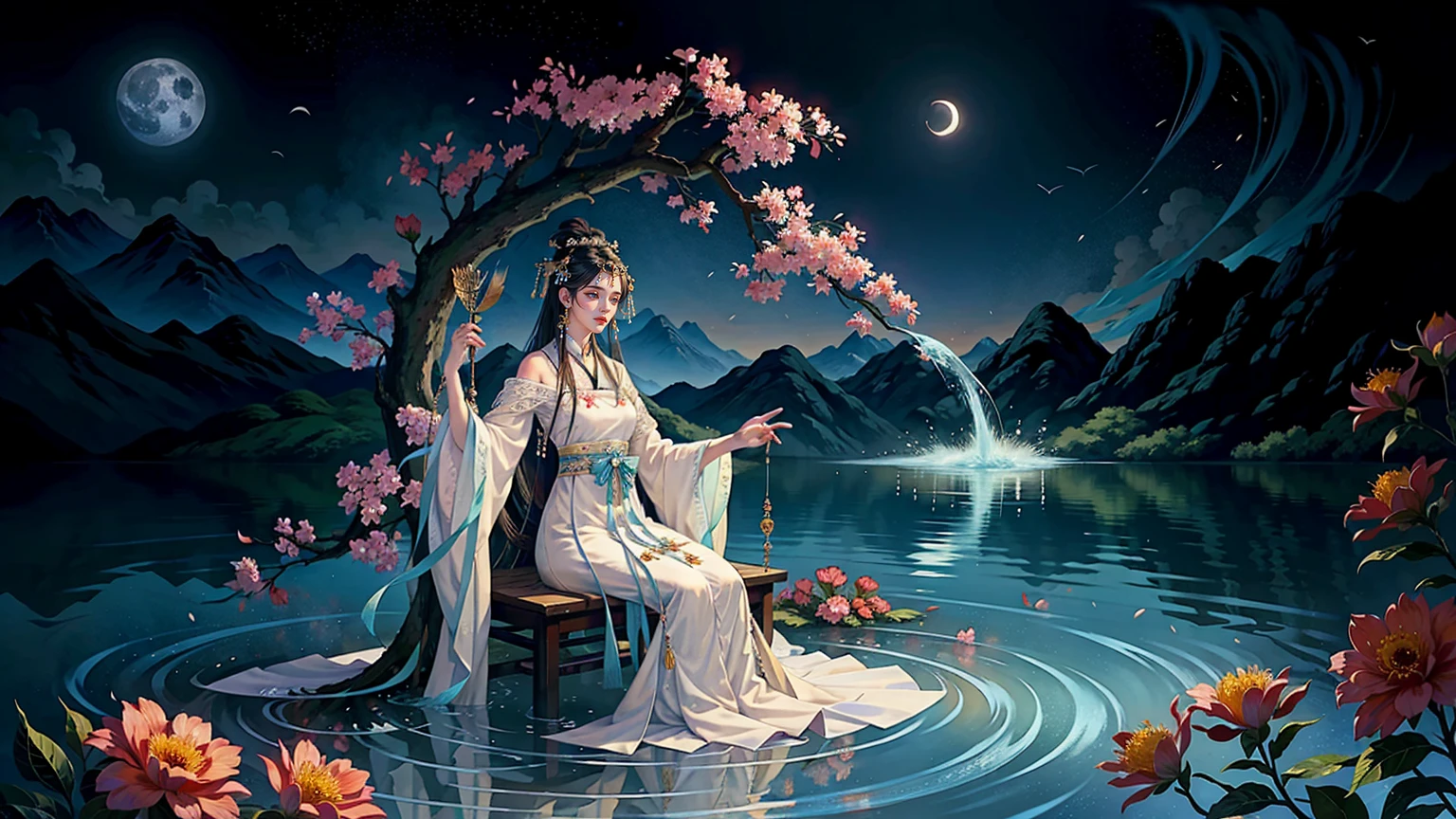 Official Art, Unity 8K wallpaper, Extremely detailed, beautiful and aesthetic, masterpiece, best quality, For the world,You may be alone,But for someone,You could be the whole world, paradox, Adrian Genius, Jenny Savile, Edward Hope, Surrealism, The Dark Arts of James Jean, Takato Yamamoto, 墨water朋克极简主义, fashion magazine, Editorial Photography, gufeng, moon, Tree, Solitary, water, flower, Branches, night, Black Hair, Back to, shawl, full moon, (1 Korean girl,Sexy facial features), in Tree, Long hair, Sky, sit, Chinese clothes, Hanfu, crescent moon, permanent, outdoor,手上有一个water晶球