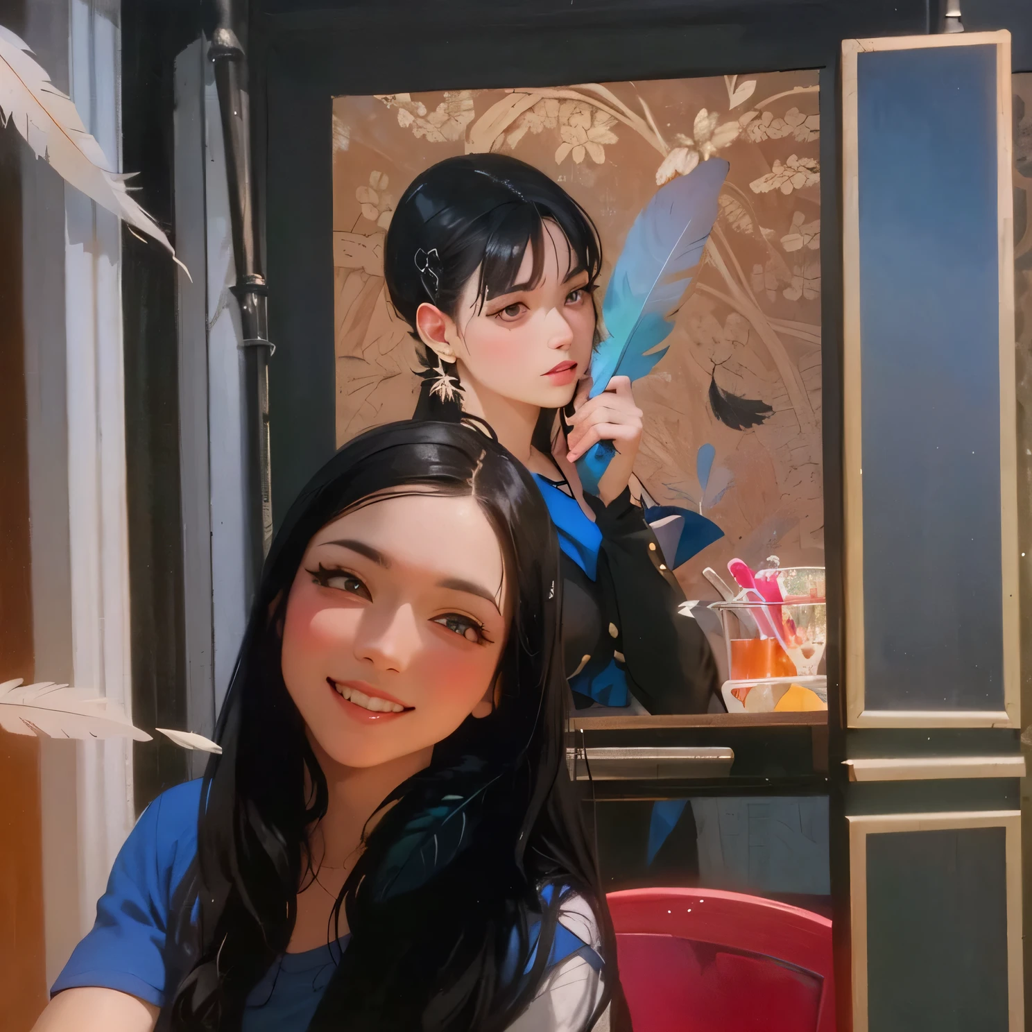 there is a woman sitting at a table with a plate of food, solo portrait 🎨🖌️, mid shot portrait, by Emma Andijewska, masterpiece! portrait of arwen, by Andrée Ruellan, fanart, photo portrait, solo portrait, profile picture, potrait, classic portrait, by Byron Galvez, by Thomas DalzielHD, (Best Detail), (Best Quality), Detailed Features, (Colored Feathers:1.5), Metal Ornaments, Particles, Light, (Fractal Art: 1.1), (Colorful: 1.1), Highest Detailed, (Zentangle: 1.2), (Abstract Background: 1.3), (Shiny skin), (many colors:1.4), (feathers:1.4),