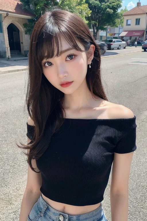 ((Face afraid of thunder)), ((Big Breasts)), Black turtleneck knit dress, whole body
