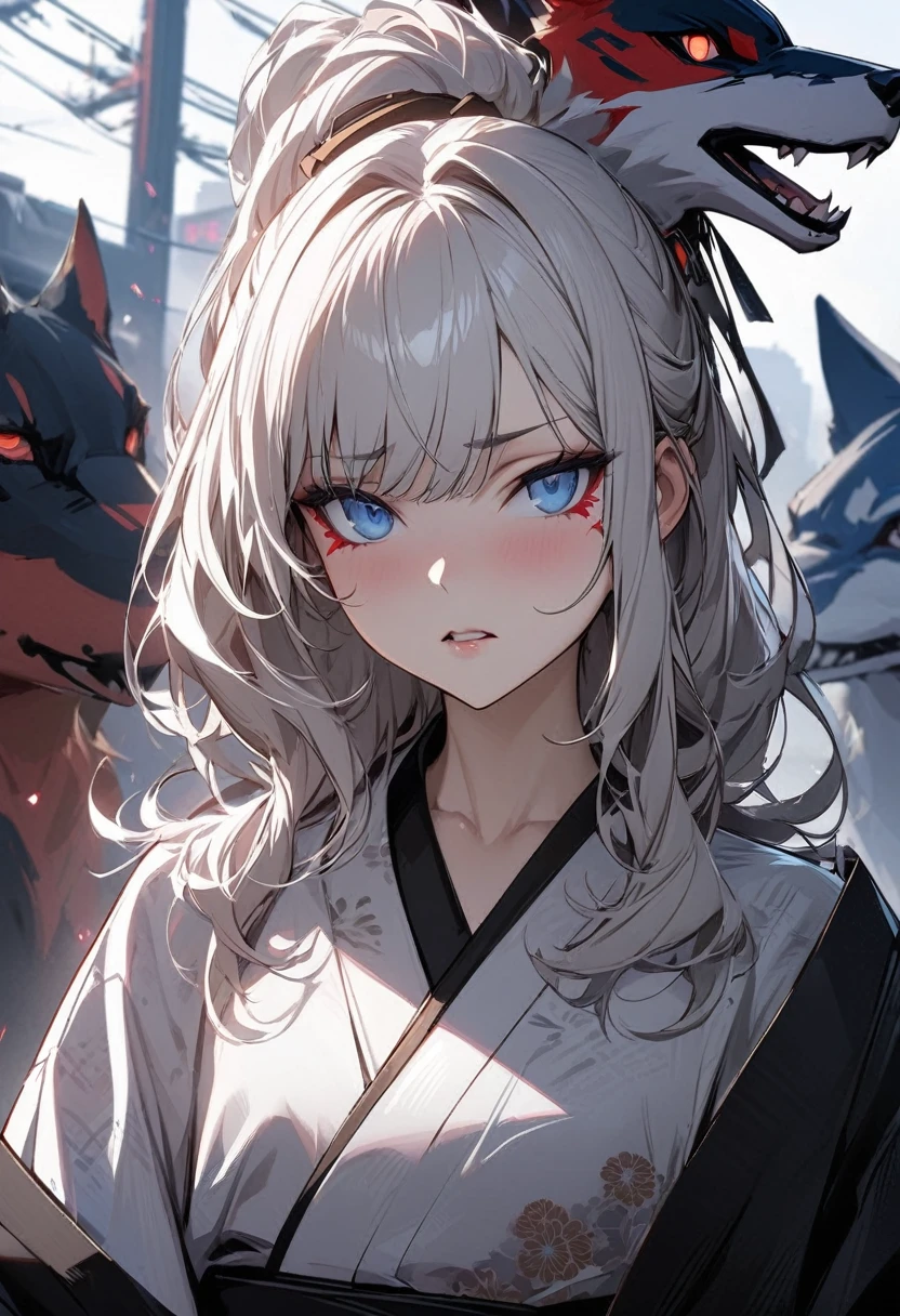 Young girl with white hair and blue eyes, indifferent expression, queen style, cyberpunk, wearing Japanese kimono, high quality masterpiece, high detail, Red Wolf