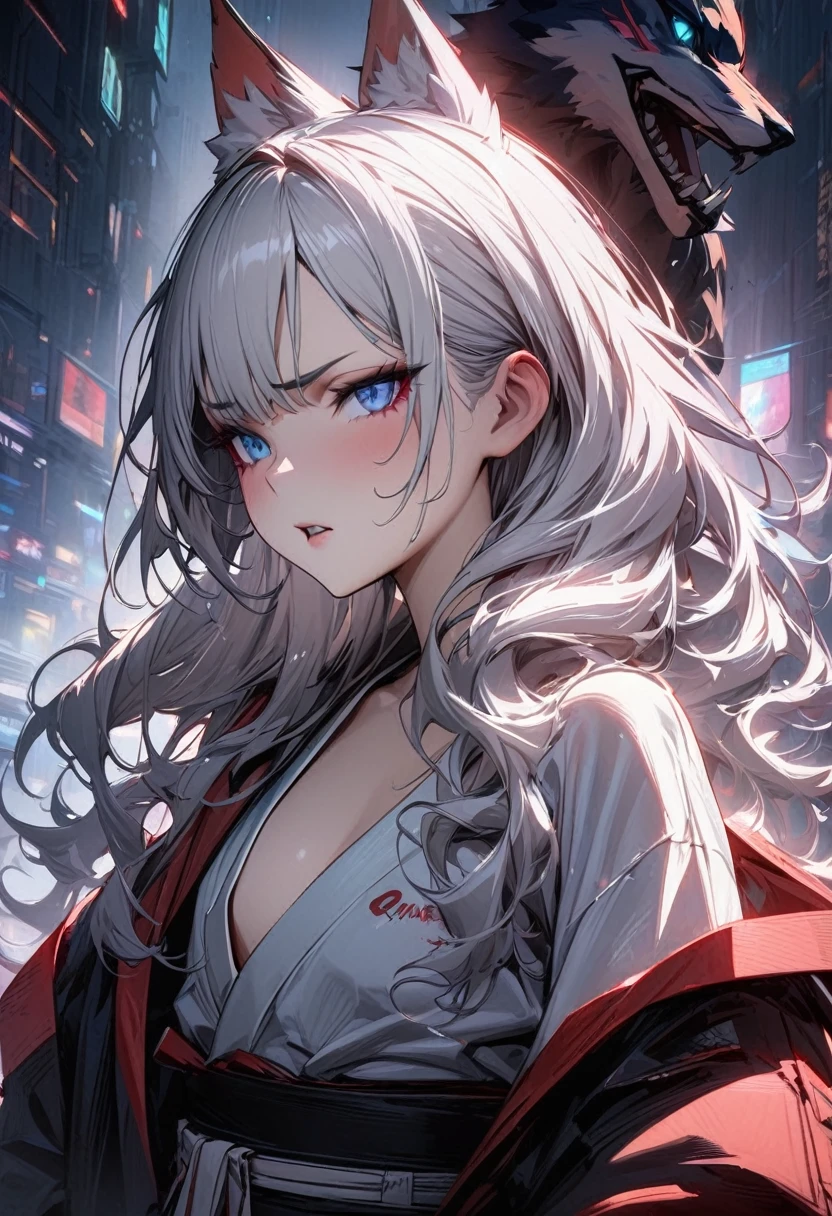 Young girl with white hair and blue eyes, indifferent expression, queen style, cyberpunk, wearing Japanese kimono, high quality masterpiece, high detail, Red Wolf